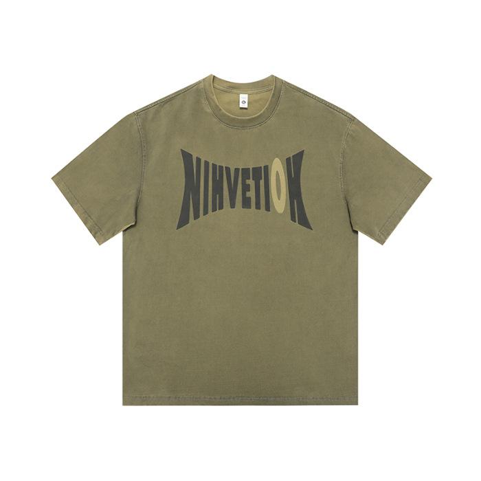Japanese Classic Style Heavyweight 280g Printed Mens Short-sleeved T-shirt Summer Comfortable Fit Cotton Half-sleeved Blouse M