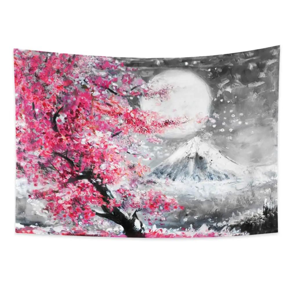 Anime krajina Tapiserie Japonská hora s třešňovými květy Tapiserie Sakura Vesnice Estetické umění Nástěnná tapiserie pro ložnici