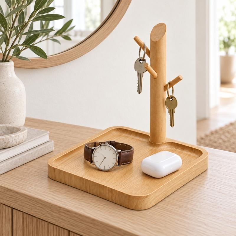 Entryway Key Holder and Jewelry Stand with Branched Hanging Pegs, Recessed Tray, and Removable Solid Wood Post