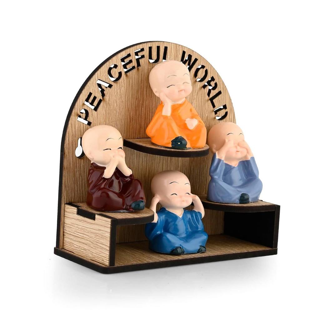 Buddha Monk on Wooden Base Statue Home Decor Items Figurines Showpiece - Cute Mini Baby Buddha Statue