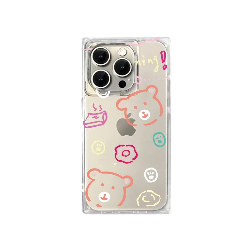 Clear Square Back Tube Case Protection For iPhone 11 13 16 ProMax 12 15 Plus 14 Pro Max Anti-Oxygen,Line Bear Pattern Casing