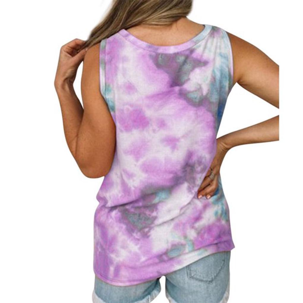 Women Tie Dyed Printed Twisted Hem Crew Neck Sleeveless Tank Top