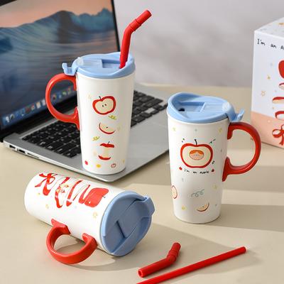 Cute Red Apple Tall Mug Ceramic Cup with Lid Girl Couple Milk Tea Cold Drink Straw Cup