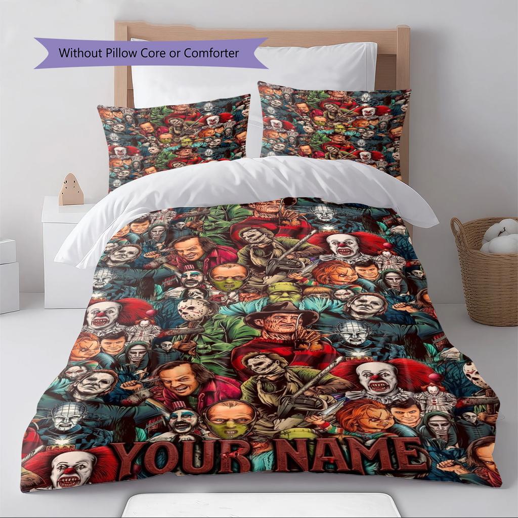 Name Custom Horror Movies Pattern Bedding Set Quilt Cover Pillowcase Home Decor Gift (1 * Duvet Cover + 2 * Pillowcase, Without Core)