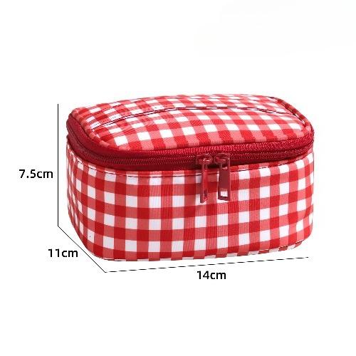 Cute Red Purple Plaid Handbag for Women, Portable Travel Makeup Pouch, Small Large Toiletry Cosmetic Bag with Zipper