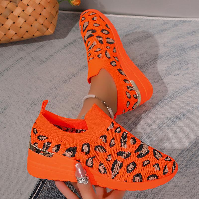 Fashion Leopard Print Knitted Wedge Sneakers for Women Lightweight Slip On Running Shoes Woman Soft Sole Comfortable Casual Shoes 37-44
