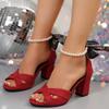 Plus Size Sandals Women's New Round Toe Suede Open Toe Casual Breathable Bag Heel Pearl Versatile Block Heel Pumps