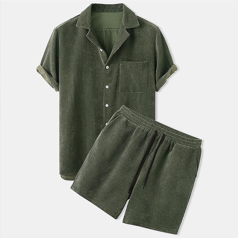 Men's 2023 Summer Solid Color Suit Collar Shirt & Shorts Set