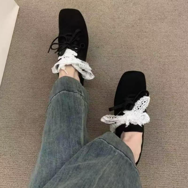 Fashion Women's Flat Shoes Spring New Square Head Shallow Mouth Suede Front Lacing Soft Sole Anti-slip Wear-resistant Single Shoes