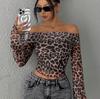 European and American Off-Shoulder Leopard Print Long-Sleeve T-Shirt for Women