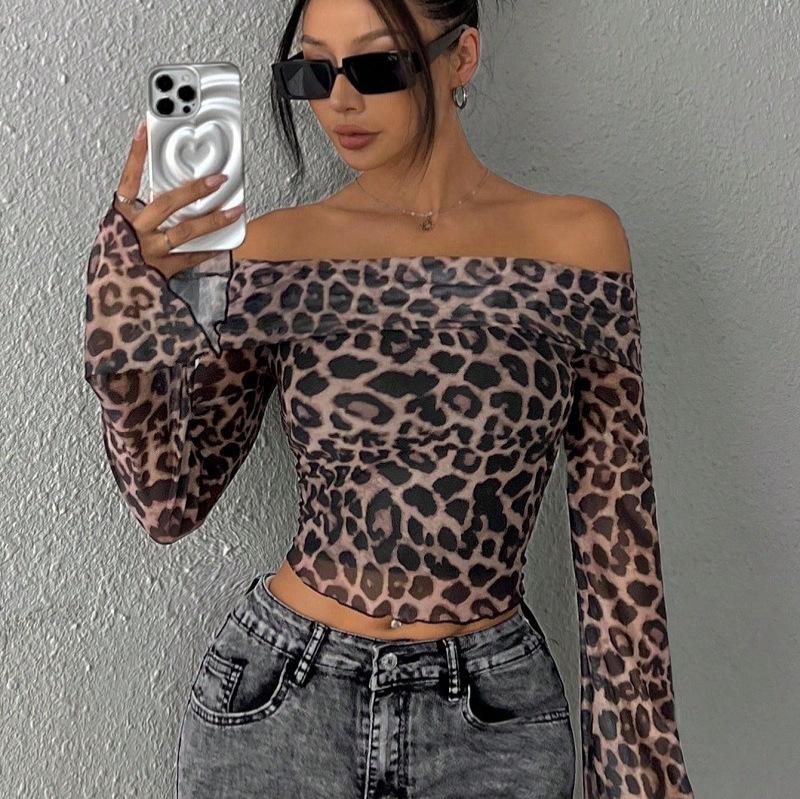 European and American Off-Shoulder Leopard Print Long-Sleeve T-Shirt for Women