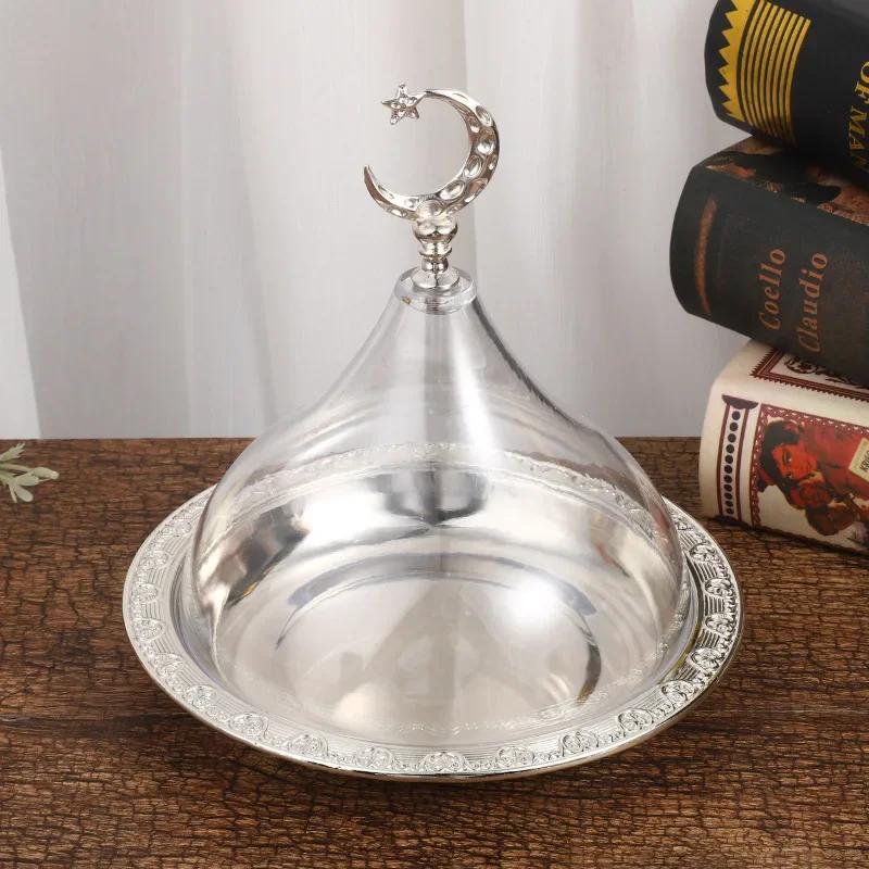 Metal Ramadan Tray with Clear Dome Acrylic Lid Mini Cake Candy Tray Reusable Dessert Tray Round Food Storage Organizer for Nuts