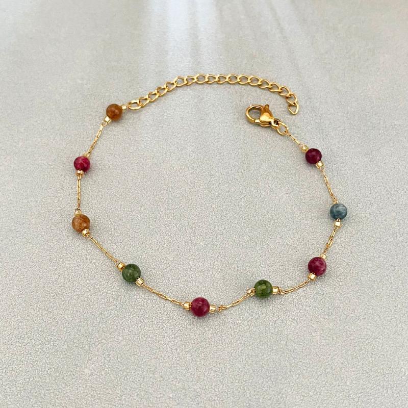 Gold Natural Stone Beaded Bracelet – Dainty Pastel Crystal Chain Jewelry, Boho Minimalist Gift for Women