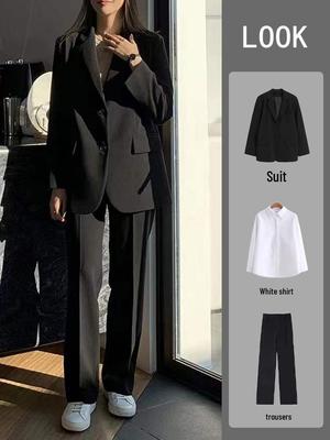 Women's Professional Suit Set: Formal Attire for College Students and Teachers - Black Loose Fit Jacket