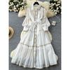 French style Retro Palace Style Lantern Sleeve Lace-up Waist Hugging Single-Breasted Dress Women Slimming Temperament Elegant Long Skirt