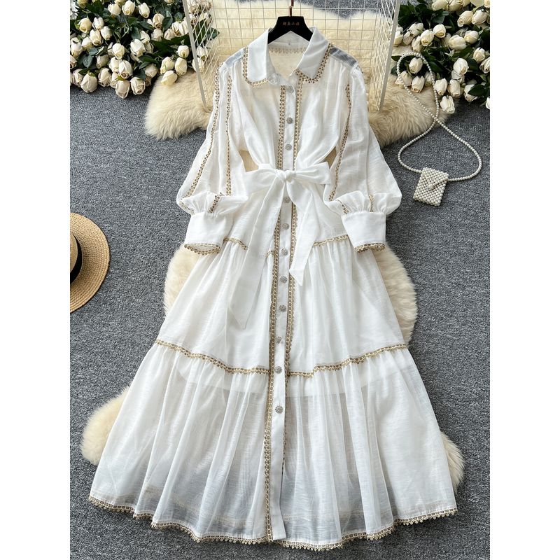 French style Retro Palace Style Lantern Sleeve Lace-up Waist Hugging Single-Breasted Dress Women Slimming Temperament Elegant Long Skirt