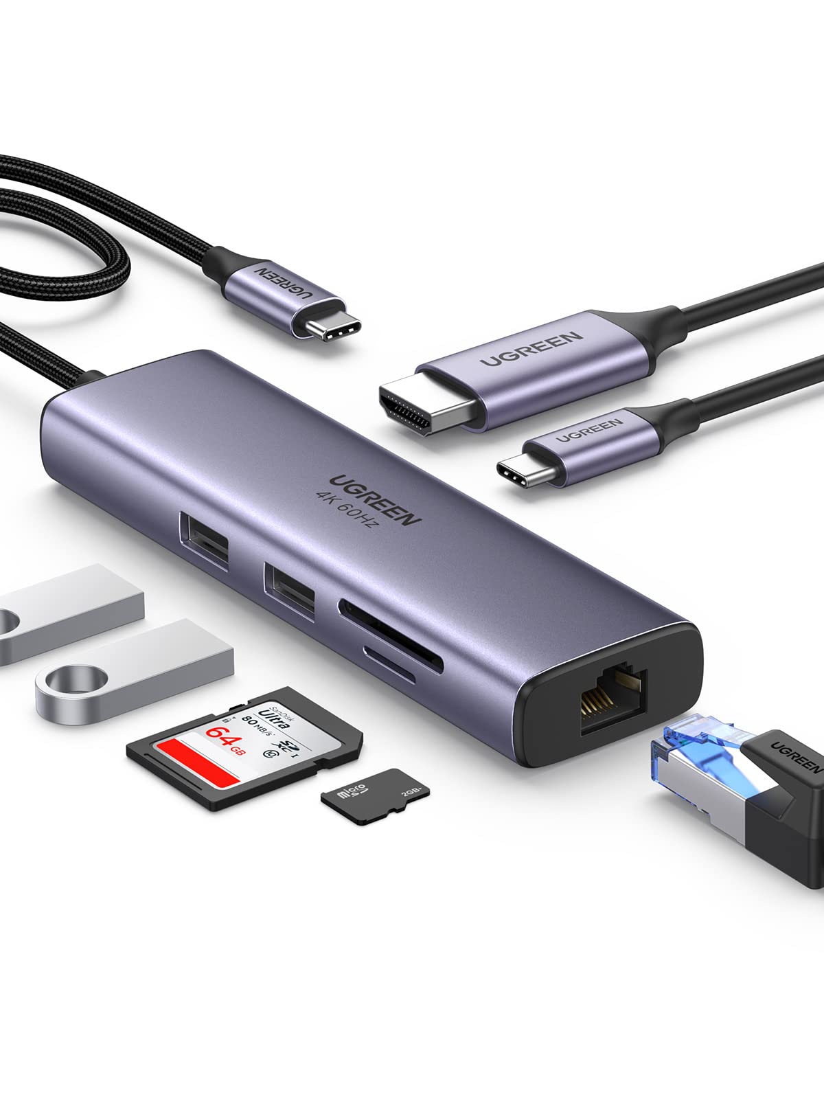 UGREEN Revodok 107 USB-C Hub 7-in-1 USB 3.0 Hub with 4K@60Hz HDMI Output, 100W PD Fast Charging, Type-C Adapter, 2*USB 3.0 Ports, 4K HDMI, 100W Power