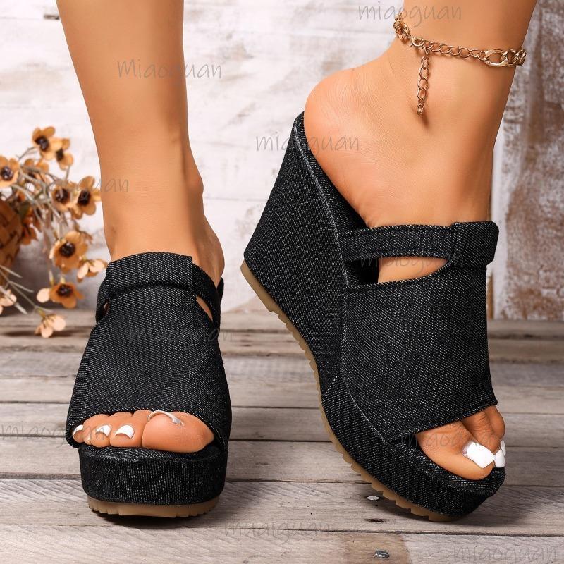 Women Platform Sandals Beach Wedges High Heels Sandals Summer 2025 New Anti-slip Sexy Denim Slippers Women Zapatos De Mujer