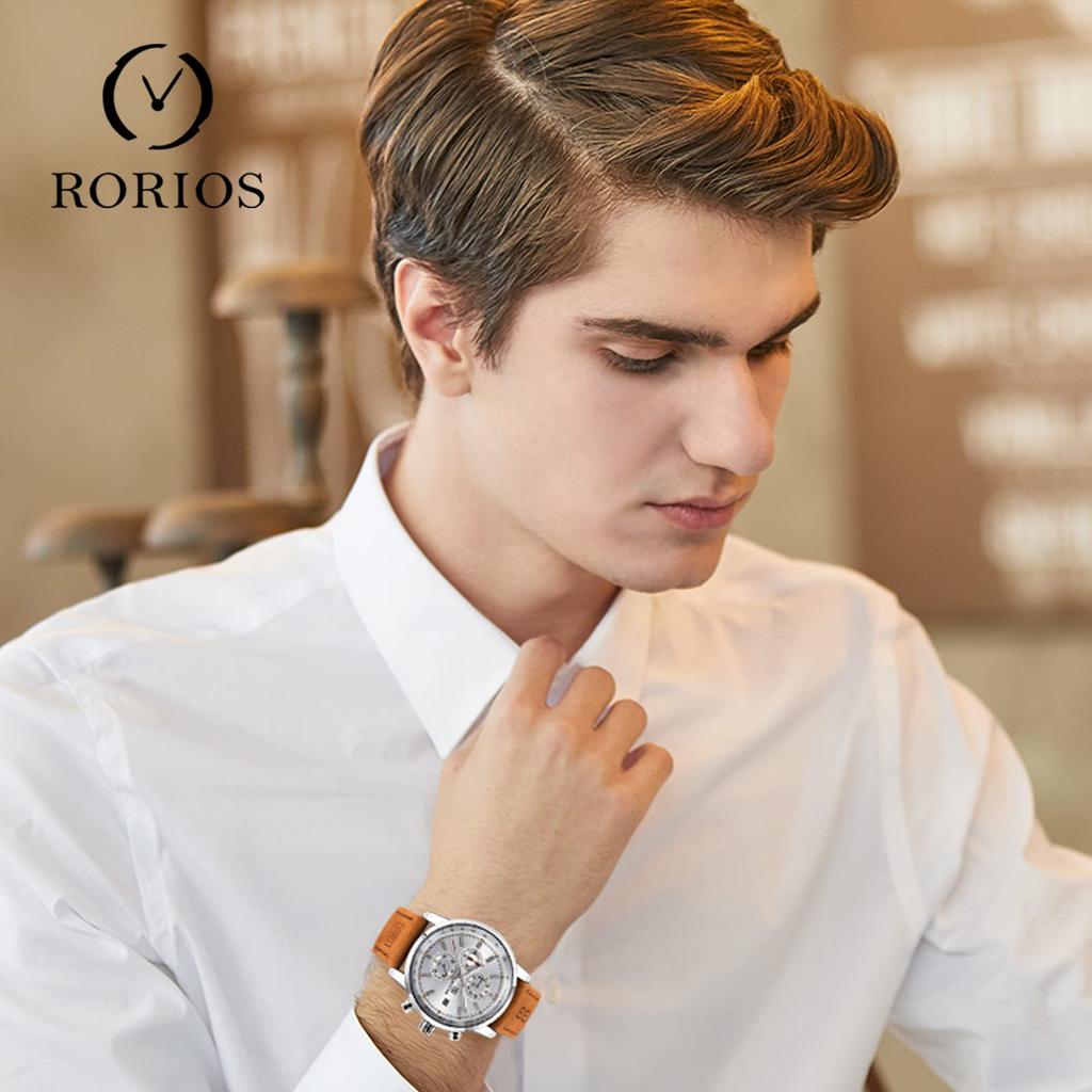 RORIOS Men's Waterproof Analog Chronograph Watch with Date Display, Quartz Movement, Stopwatch, Calendar, and Brown Band (White)