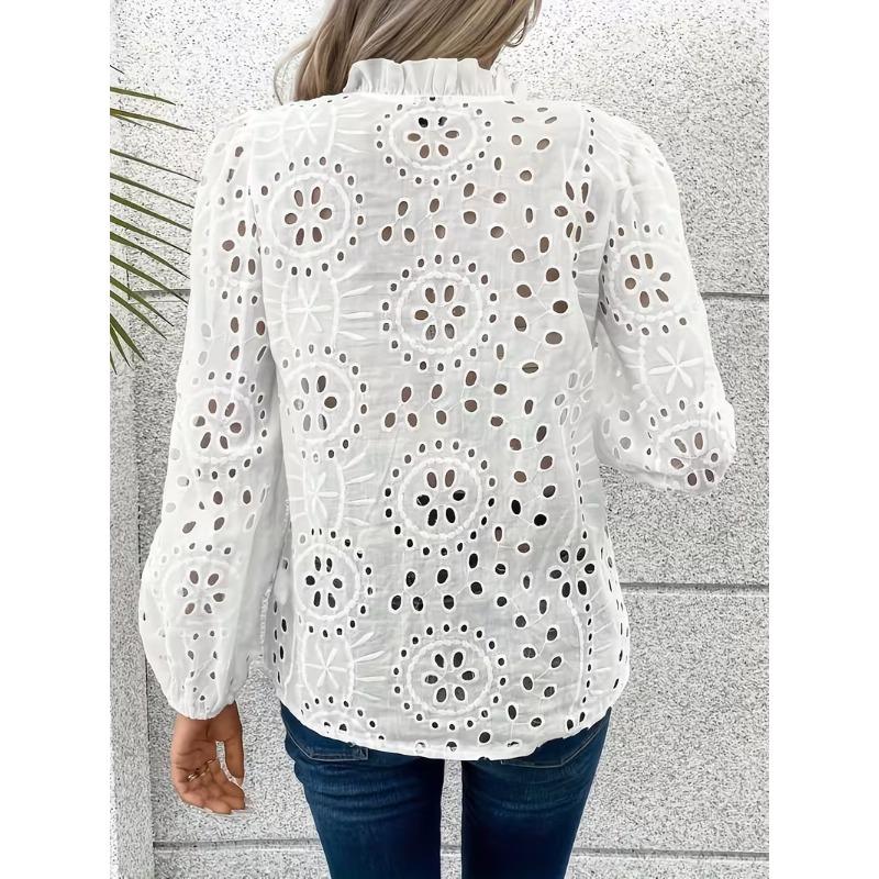 Women'S V-Neck Lace-Trimmed Blouse with Lantern Sleeves - Casual Long Sleeve Shirt Perfect for Spring & Fall, Ladies Blouses