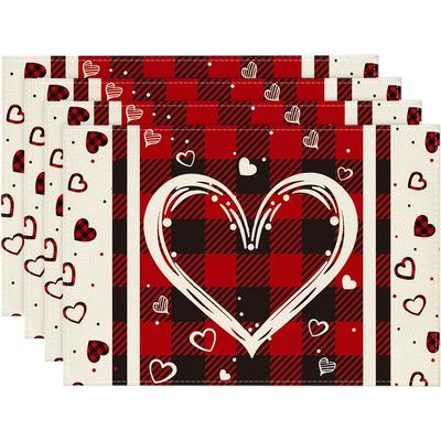 4-Pack Valentine'S Day Placemats, 12x18 Inch Polyester Rectangular Table Mats, Red Black Love Heart Design, Hand Wash Only, Woven for Dining & Kitchen