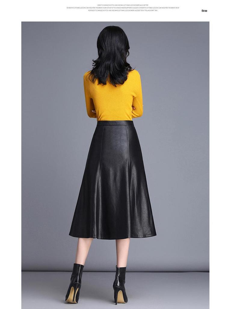 Women's Genuine Leather High Waist Midi Skirt - Autumn 2025 A-line Lambskin Umbrella Skirt