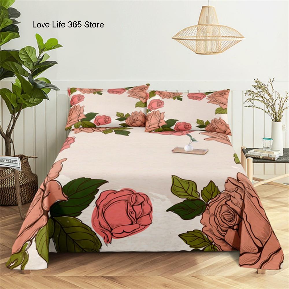Pink Rose Bed Sheet Sets 3D Print Flowers Flat Soft Cover For Women Kids Girls King Queen Full Twin Size Linen Room Decor