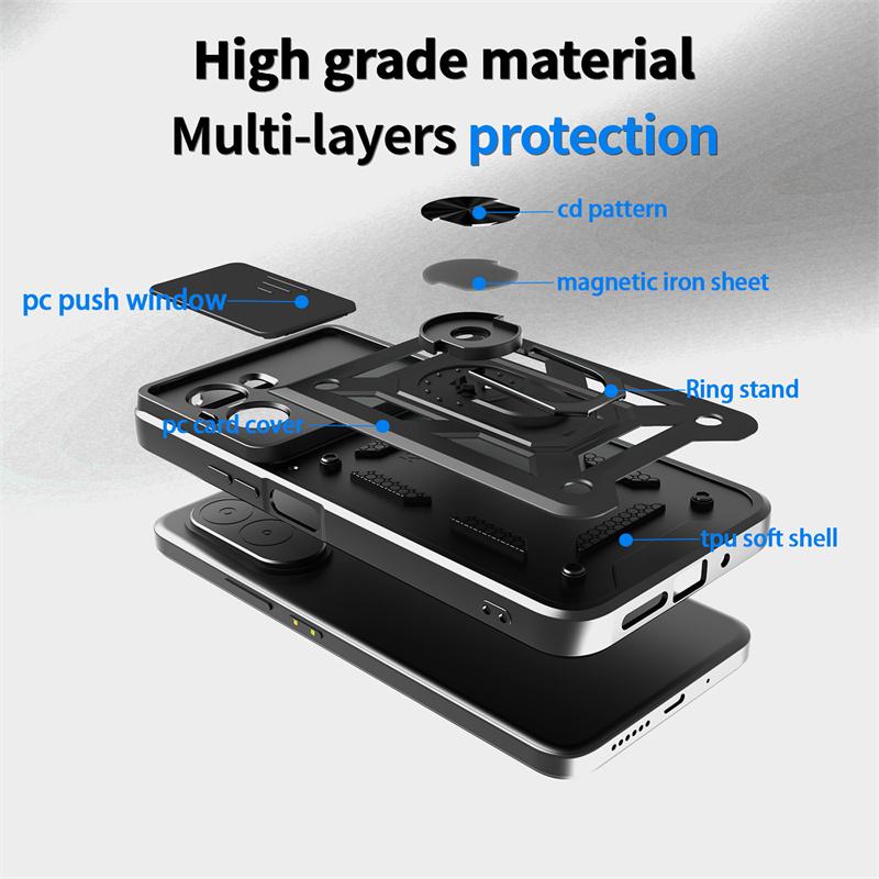 Deksler Til Xiaomi Poco M7 4G Deksel Armor Skyv Kamera Linse Beskyttelse Ringholder Bakdeksel For Poko Little M7 M 7 PocoM7 4G Capa