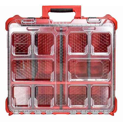 48-22-8432 Milwaukee Packout Deep Organizer, 50 Lb Weight Capacity, IP65 Rated Protection, Reinforced Hinges, 6 Dividers, 3 Large and 3 Small.