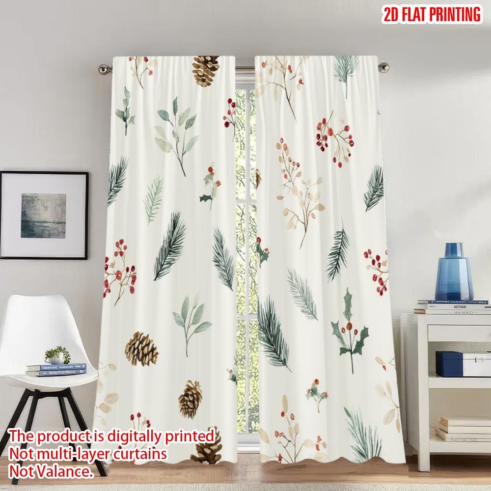 

Flat Printing Happy Christmas Fashion Curtains Pine Cone Mistletoe Berries Digital Printed Polyester Drapes Set Of 2 Made W100*H70(CM)-Rod Pocket&1PCS