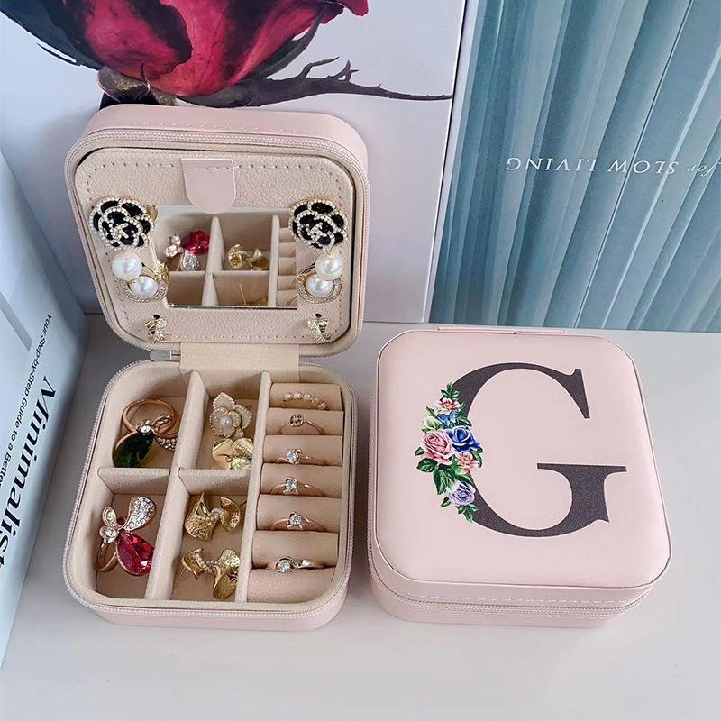 PU Leather Jewelry Box Mirror Storage Box 26 Letter Printed Portable Jewelry Organizer Earring Ring Necklace Case