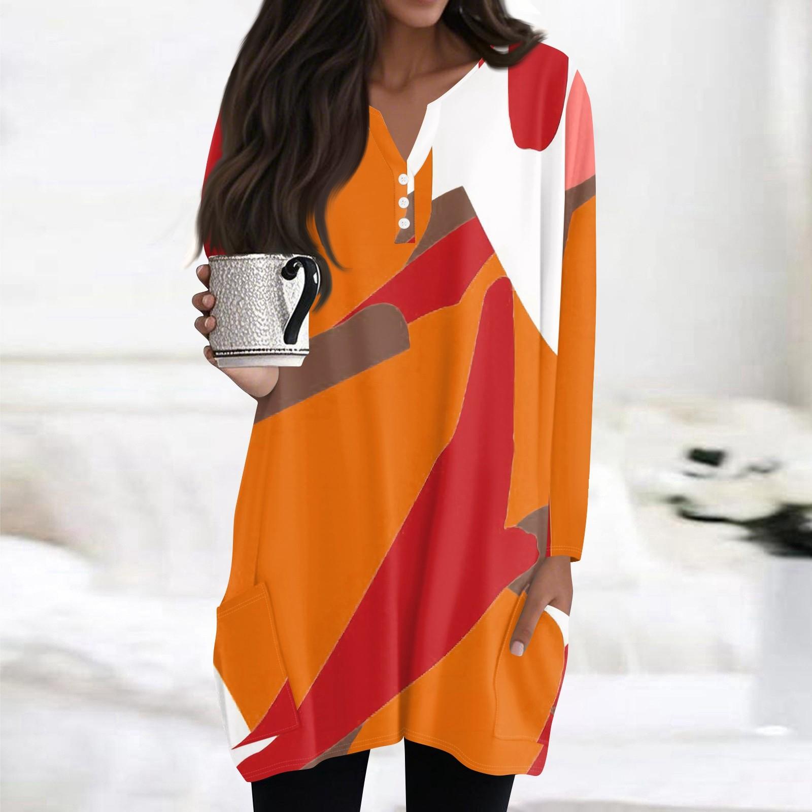 

Womens Tops V-neck Button Long Sleeve Blouses Casual Mid-length Shirts Fashion Print Tunic Tops With Pockets XL помаранчевий