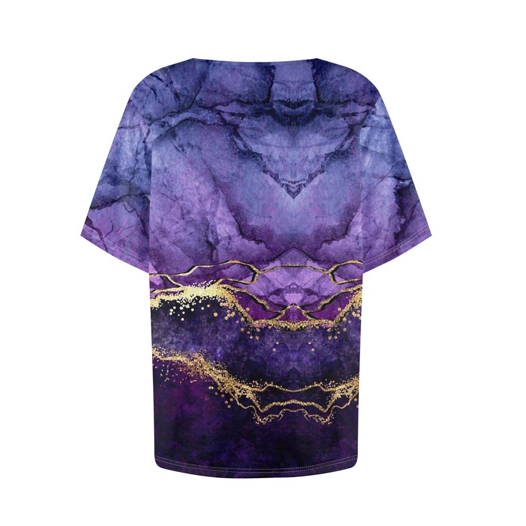 Women's Casual Printed Asymmetric Neck Short Sleeve Decorative Button T-Shirt Top