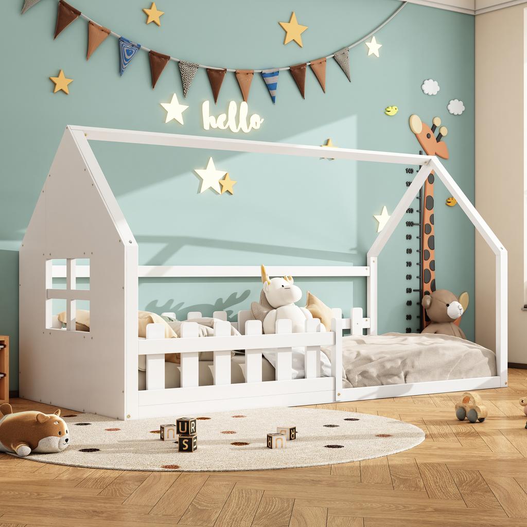 90*200cm Flat Bed, Children's Bed, House Rail, White