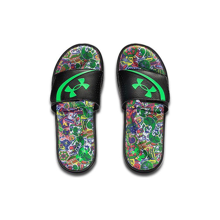 Under Armour Ignite 6 Graphic FB Comfortable Daily Rubber Sole Slide Sandals Men Sandals Black Green 3024451-004