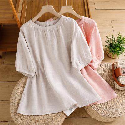 Women's Summer 2026 Imitation Han Linen Short-Sleeve T-Shirt - Artistic Solid Color Design