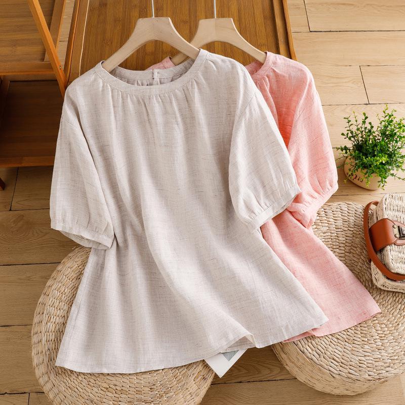 Women's Summer 2026 Imitation Han Linen Short-Sleeve T-Shirt - Artistic Solid Color Design