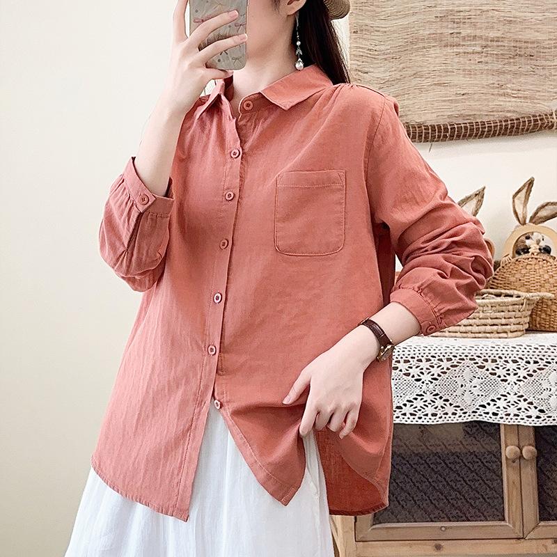 New spring and autumn pure cotton double-layer cotton yarn long-sleeved shirt women's loose and thin temperament casual literary and retro style shirt