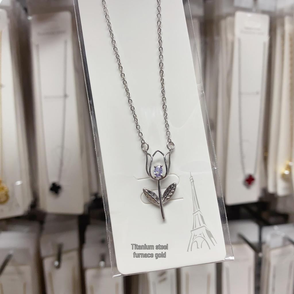 Titanstahl Rose Tulpe Zirkon Anhänger Halskette - Europäisch Amerikanischer Modeschmuck, Leichter Luxus Schlüsselbein Kette