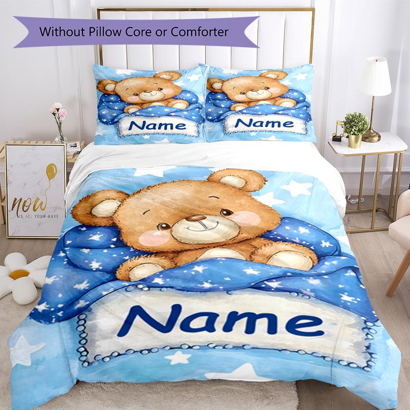 3PC Custom Name Teddy Bear Dreams Bedding Set Duvet Cover Closure Includes 1 Duvet Cover & 2 Pillowcases for Bedroom