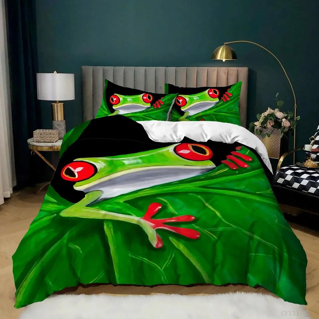 Frog Soft Duvet Cover Set Quen Sized Dimensions Funy Frog Tropical Amphibian Beding Set for Kid Tropical Nature Animal Comfortable Quilt Cover Warm