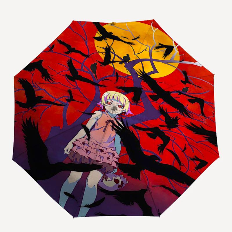 1 Stück Outdoor-Schirm mit Anime-Mädchen und Krähen-Design - Automatischer Öffnungs-/Schließschirm mit tragbarem 3-fach faltbarem Design, 8-Speichen-Eisenrahmen - Perfe