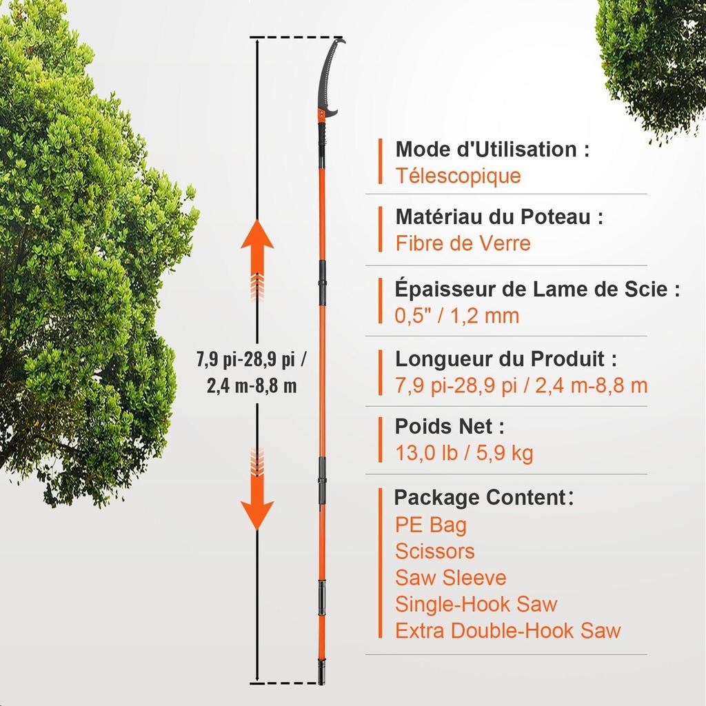 Manual Pole Saw, 7.3-27 Ft Extendable Tree Pruner, Sharp Steel Blade and Scissors High Branches Trimming, Branch Trimmer with Lightweight 8 Fiberglass