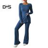 Women Two Pieces Suit Winter Autumn Knitted Long Sleeve Ribbed Slit Top High Waist Flared Trousers Set Fashion Outfit