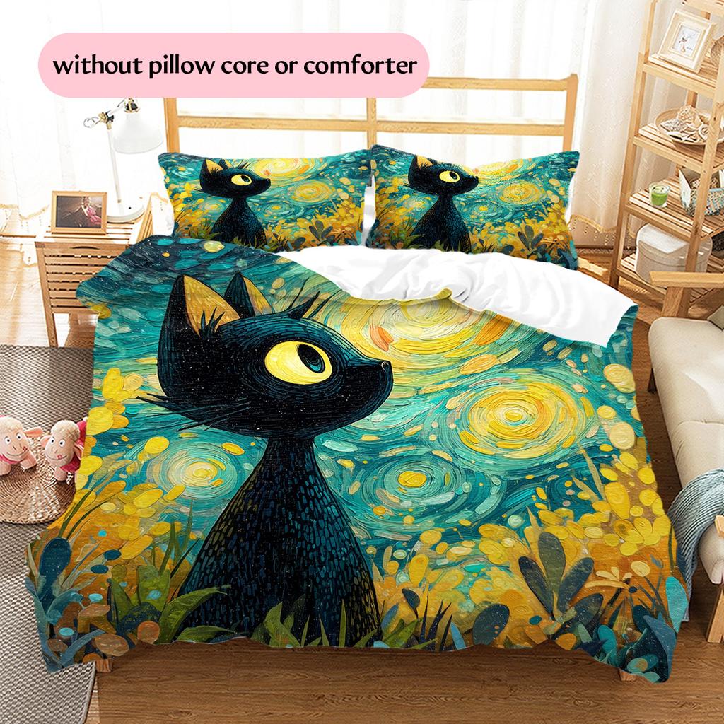 Starry Sky Black Cat  Pattern Bedding Quilt Set Quilt Cover Pillowcase Home Decoration  Gift (1 * Duvet Cover + 2 * Pillowcase, Without Core)
