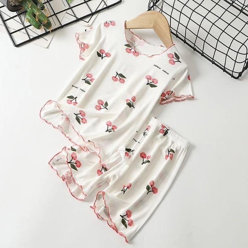 Set Pijama de Vară pentru Fete cu Imprimeu Flori de Cireș, Șort și Tricou cu Stretch în 4 Direcții, Amestec Respirabil de Modal pentru Purtare la Culcare și Joacă pentru