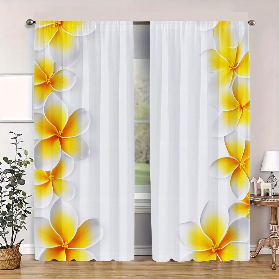 2Pcs Curtain Yellow And White Plumeria Flowers Window Drapes For Bedroom Living Room Decoration Window Treatment.
