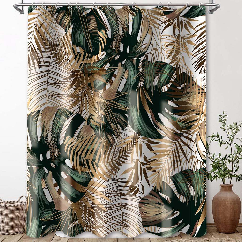 Dunika Chen Green/Gold Hawaii Tropical Shower Curtain Tropical Leaves Plant Fabric Bathroom Curtain Botanical Jungle Bath Curtain Set
