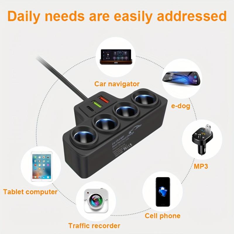 4-Socket Car Power Adapter with USB & PD Fast Charging - 12V Vehicle Outlet Splitter