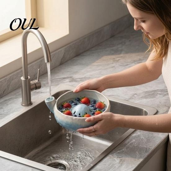 Keukengadgets voor Voedselbereiding Keramische Bessenwasbak met Afvoergaatje, Gemakkelijk Schoon te Maken Zeef Kleine Vruchten Was- en Serveerkom, Compact Zelf
